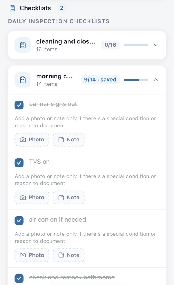 Daily inspection checklist on a phone, 9 of 14 items ticked and saved